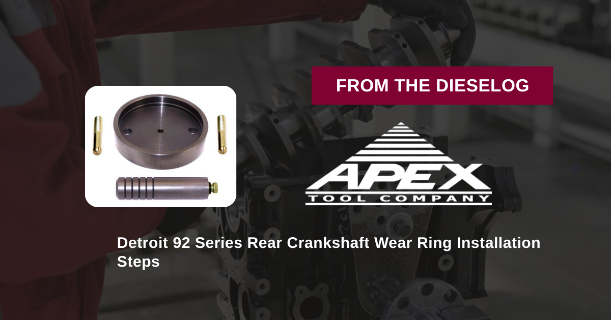 Step-by-step close up layout of heavy-duty Detroit Diesel wear ring installer tool resting on an engine overhaul bench